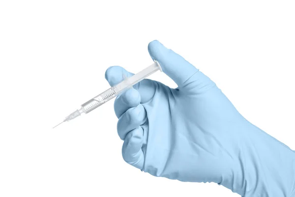 Male Hand Blue Glove Holds Syringe Transparent Liquid Isolated White — Stock Photo, Image