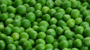 Dönen taze yeşil kabuklar ya da bezelyeler. Bezelye arka planı. Üst görünüm