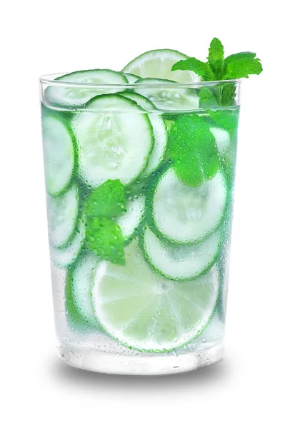 Glass with fresh organic detox cucumber water with lime and lemon. — Stock Photo, Image