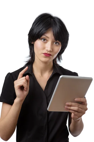 Mulher de negócios pensativo usando a tecnologia — Fotografia de Stock