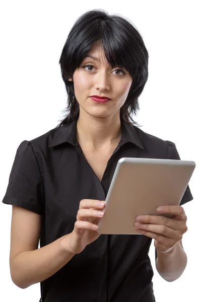 Mulher de negócios pensativo usando a tecnologia — Fotografia de Stock