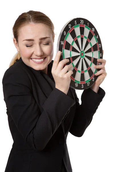 Επιχειρήσεων γυναίκα εκμετάλλευση dartboard — Φωτογραφία Αρχείου