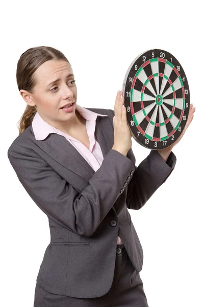 Zakelijke vrouw bedrijf dartbord — Stockfoto