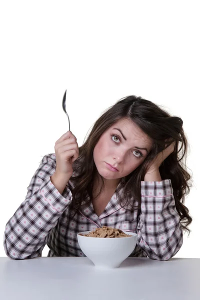 Tired model with breakfast — Stock Photo, Image