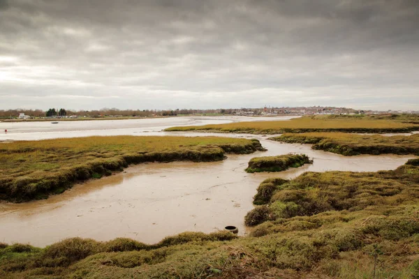 Bagna Wzdłuż Rzeki Chelmer Patrząc Małe Miasteczko Maldon Anglii Essex — Zdjęcie stockowe