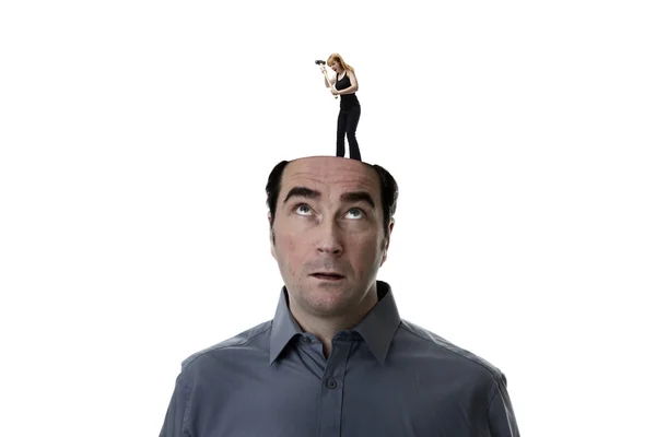 Woman getting mad ontop of mans head — Stock Photo, Image