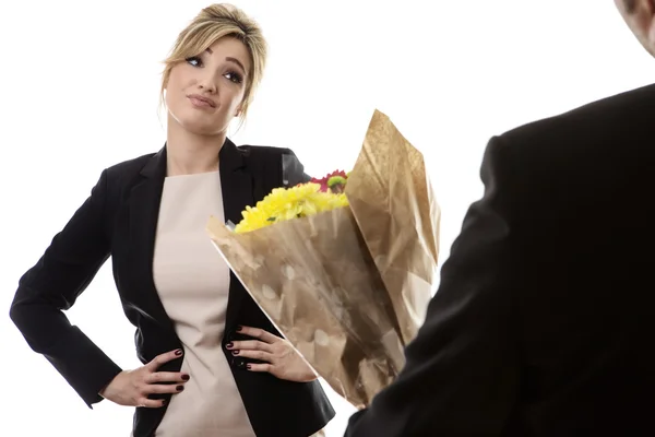 Receiving flowers from a guy — Stock Photo, Image