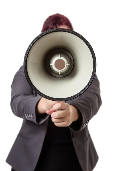 Business woman calling out with a loudspeaker — Stock Photo, Image