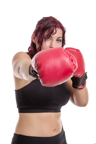 Studiový portrét ženy nosí Boxerské rukavice izolované na whi — Stock fotografie