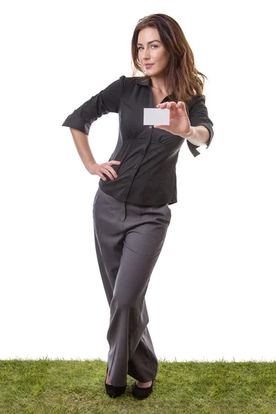 Business woman holding empty white card — Stock Photo, Image