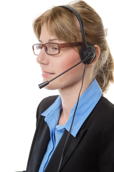 Mulher dos auscultadores de telemarketing — Fotografia de Stock