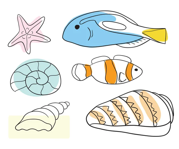 Vektorsamling av olika fiskar och snäckskal — Stock vektor