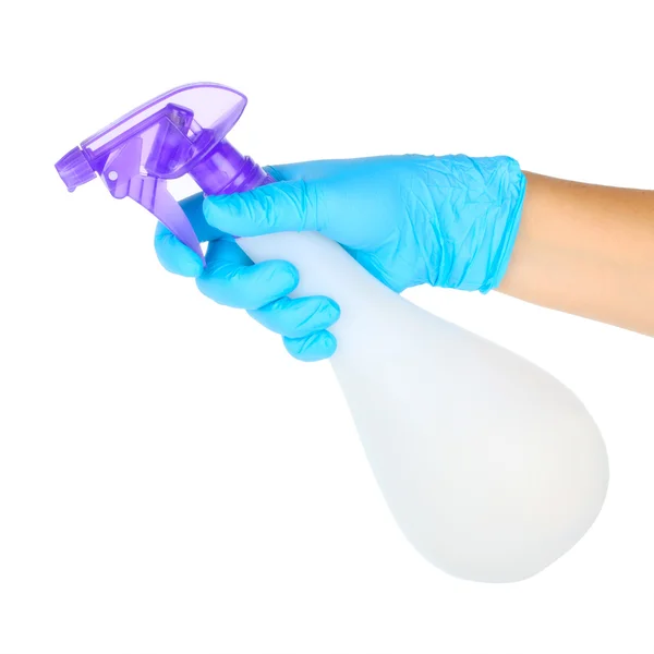 Hand in glove holding spray bottle — Stock Photo, Image