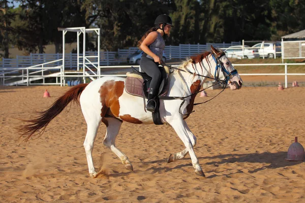 Menina está montando um cavalo — Fotografia de Stock