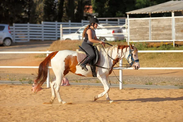 Giovane ragazza sta cavalcando un cavallo — Foto Stock