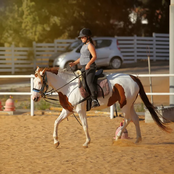 Giovane ragazza sta cavalcando un cavallo — Foto Stock