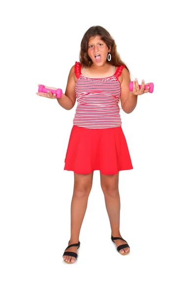 Young girl with a pink dumbbells — Stock Photo, Image