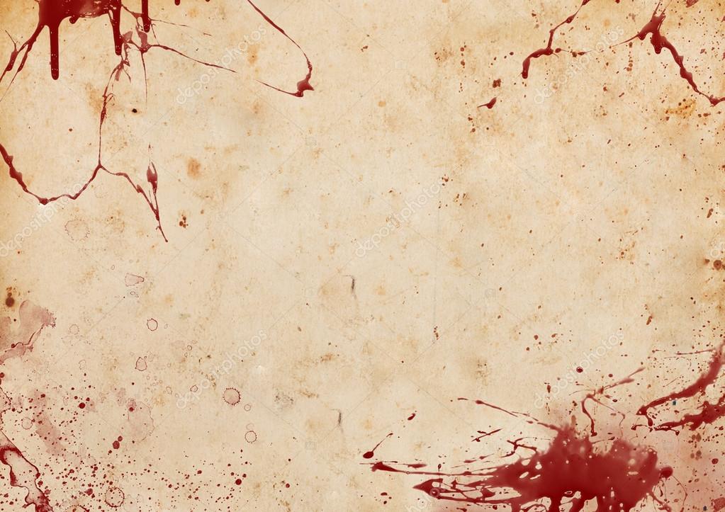 Bloody paper texture. Retro photo paper. Old antique sheet paper texture.  Announcement board. Blood drops. Vintage postcard. Blood background. Aged  bloodstain wallpaper. Stock Photo