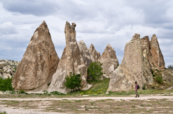 Traveler over the background of mountains