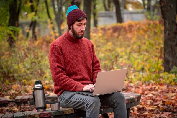 秋の森の公園のベンチで屋外に座ってノートパソコンでお茶のフリーランスの仕事をしている男 — ストック写真