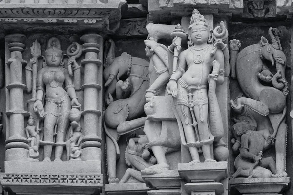 Pedra Esculpida Baixo Relevo Erótico Templo Hindu Khajuraho Índia Património — Fotografia de Stock