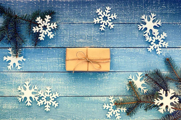 Cadeau Noël Avec Accessoires Noël Sur Table Bois Bleu — Photo