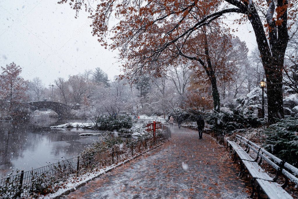 view of Gapstow bridge during winter, Central Park New York City . USA
