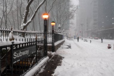 New York, NY USA - February 1, 2021:  Snow storm on East Coast, New York City. Manhattan During Nor'easter Blizzard clipart