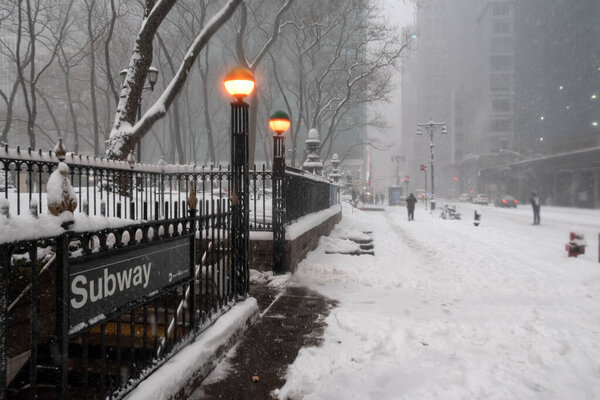 New York, NY USA - February 1, 2021: Snow storm on East Coast, New York City. Manhattan During Nor'easter Blizzard