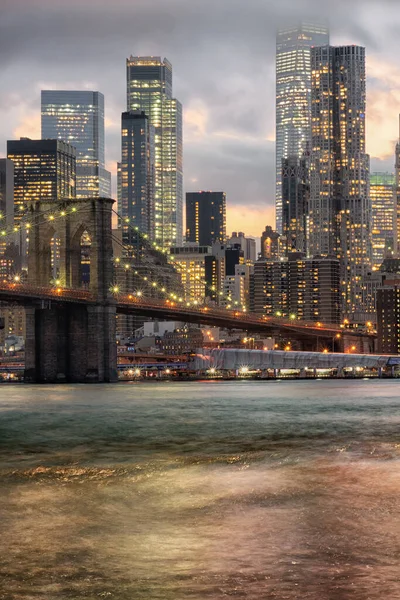 Beau Coucher Soleil Sur Manhattan Avec Pont Brooklyn Paysage Urbain — Photo