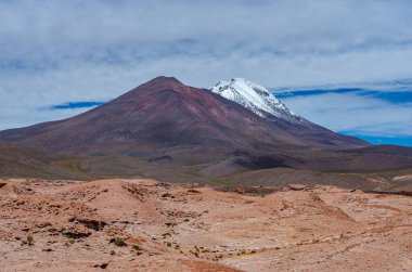 Taş tarlası ve Ollague volkanı Bolivya manzarası. Şili sınırı.