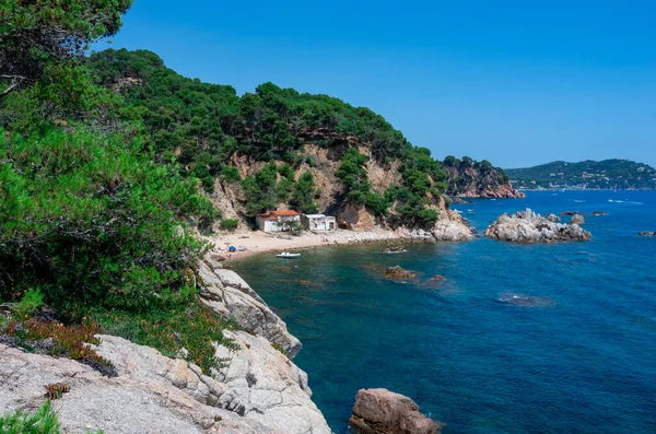 Palamos, Costa Brava, Girona 'daki Cala Estreta plajı manzarası, Katalonya, İspanya.