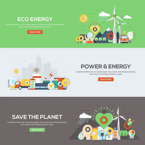 Bandeiras projetadas planas- Eco energia, energia e energia e salvar o — Vetor de Stock