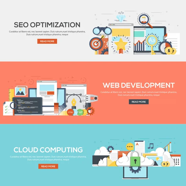 Düz tasarlanmış afiş - Seo, Web geliştirme ve Cloud computing — Stok Vektör