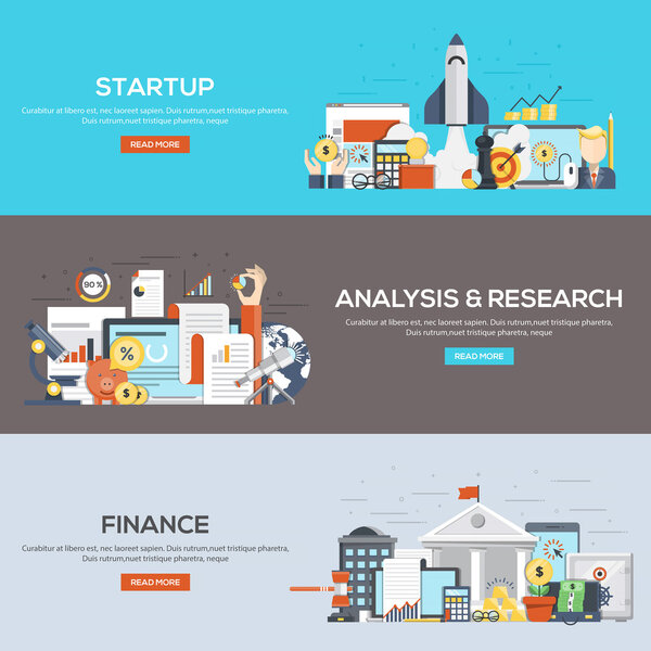 Набор баннеров с плоским цветовым дизайном для запуска, анализа и R
