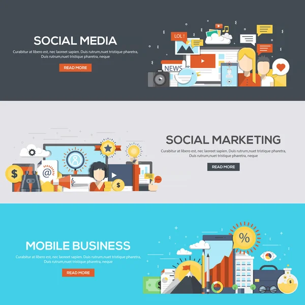 Bandiere progettate piatte- Social media, Social Marketing e Mobile — Vettoriale Stock