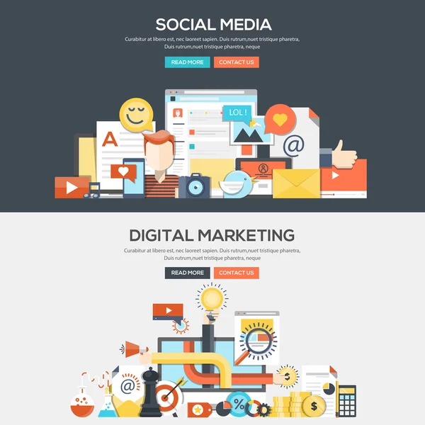 Lapos design koncepció banner - szociális média és a digitális Marketing — Stock Vector