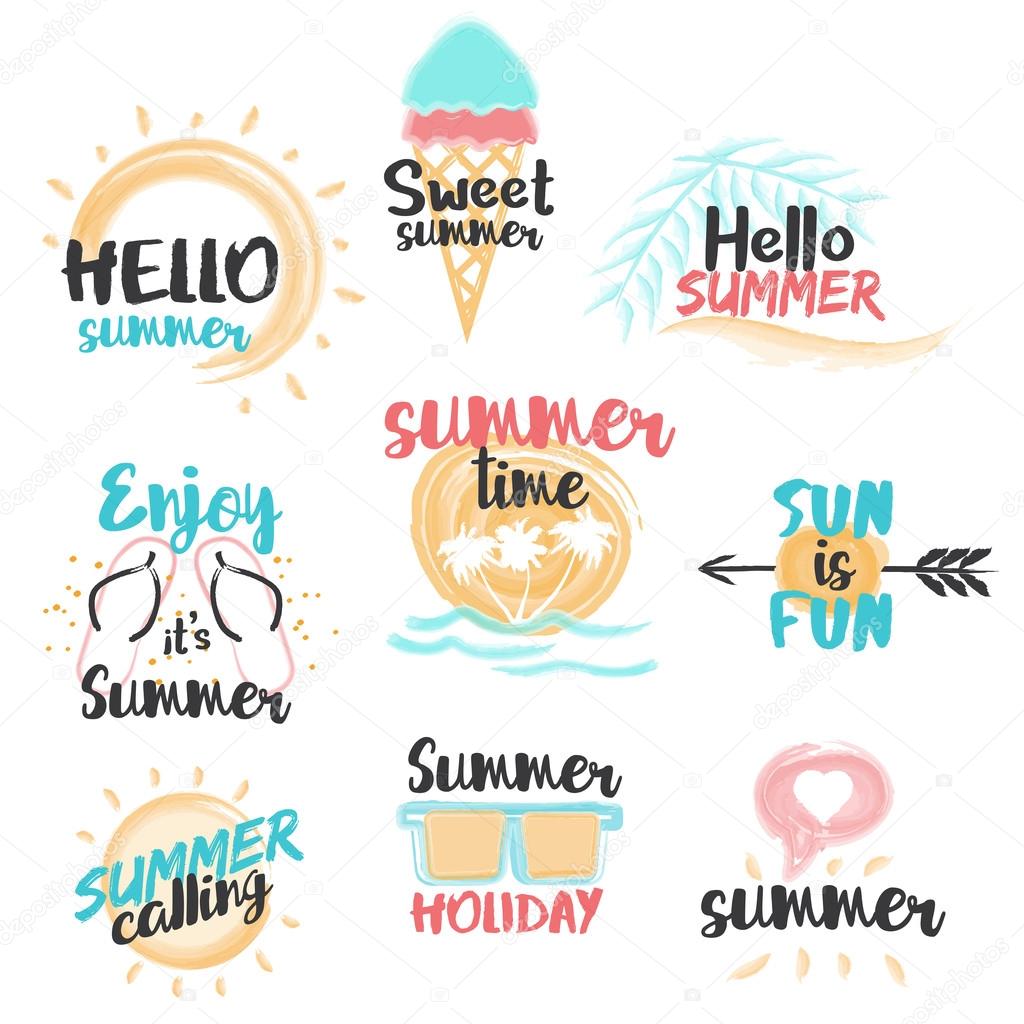 Set of hand drawn watercolor Summer Banners and Labels for summer holiday, vacation, sea, sun, party, beach and travel. Vector Illustration