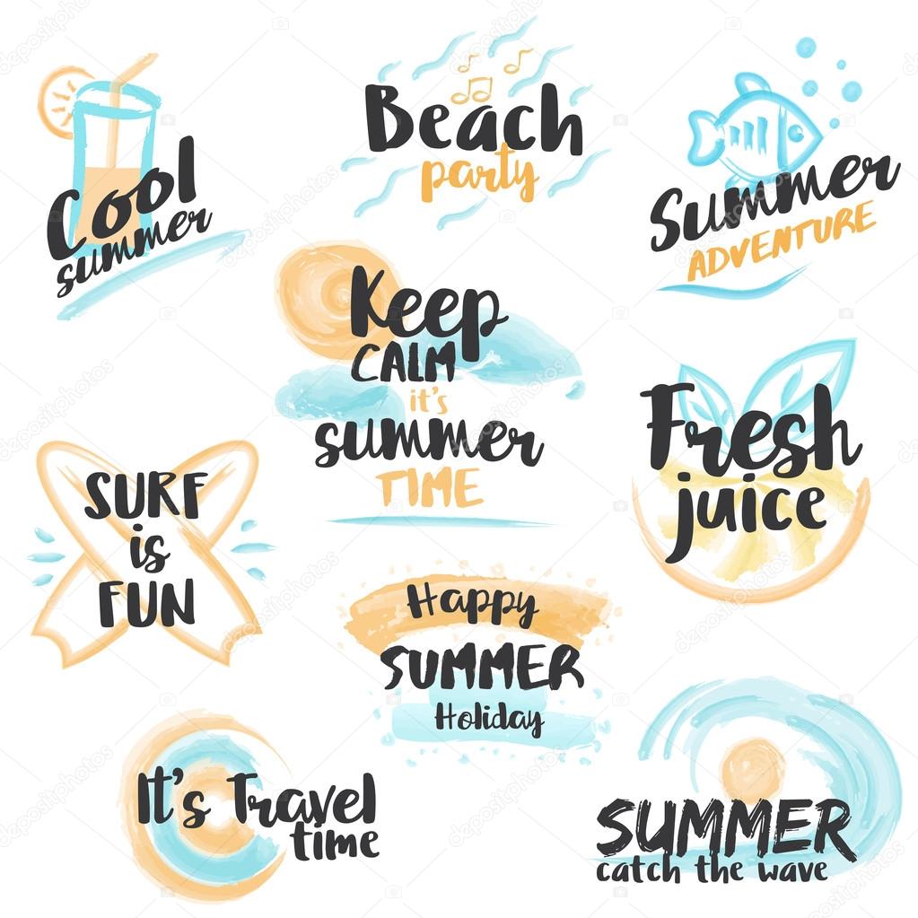 Set of hand drawn watercolor Summer Banners and Labels for summer holiday, vacation, sea, sun, party, beach and travel. Vector Illustration
