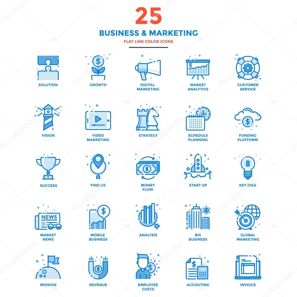 Modern Flat Line Color Icons- Business and Marketing