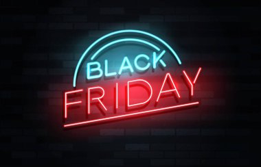 Kara Cuma neon ışığı tabelası. Tuğla duvarda modern neon kırmızı ve mavi ilan panosu. Parlayan neon metinlerle sezonluk teklif kavramı. Vektör İllüstrasyonu