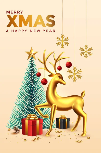 Christmas New Year Background Abstract Christmas Composition Christmas Trees Deer — Stock Vector