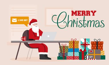 Noel Baba ofisindeki masasında çocuklar için paketlerle oturuyor. Bilgisayarlı Noel Baba e-postaları kontrol ediyor. Mutlu Noeller Arka plan. Vektör İllüstrasyonu