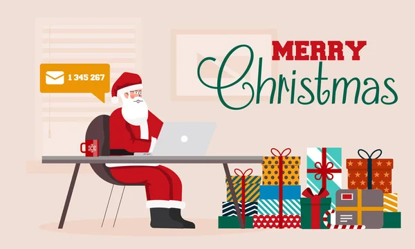 Santa Claus Sedí Stolem Své Kanceláři Plný Balíčků Pro Děti — Stockový vektor