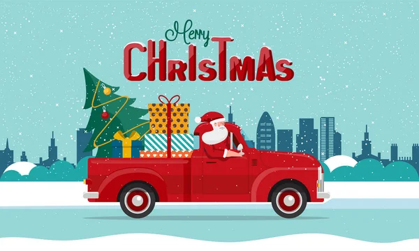 Papai Noel Entregando Presentes Caminhão Vermelho Feliz Natal Feliz Ano — Vetor de Stock