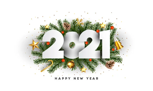 Feliz Año Nuevo 2021 Números Ramas Abeto Verde Adornos Navideños — Vector de stock