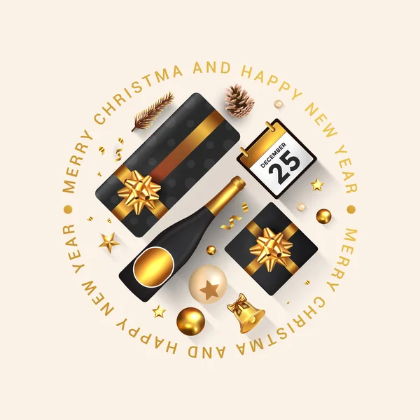 Joyeux Noël Bonne Année Carte Voeux Design Vacances Décorer Avec — Image vectorielle