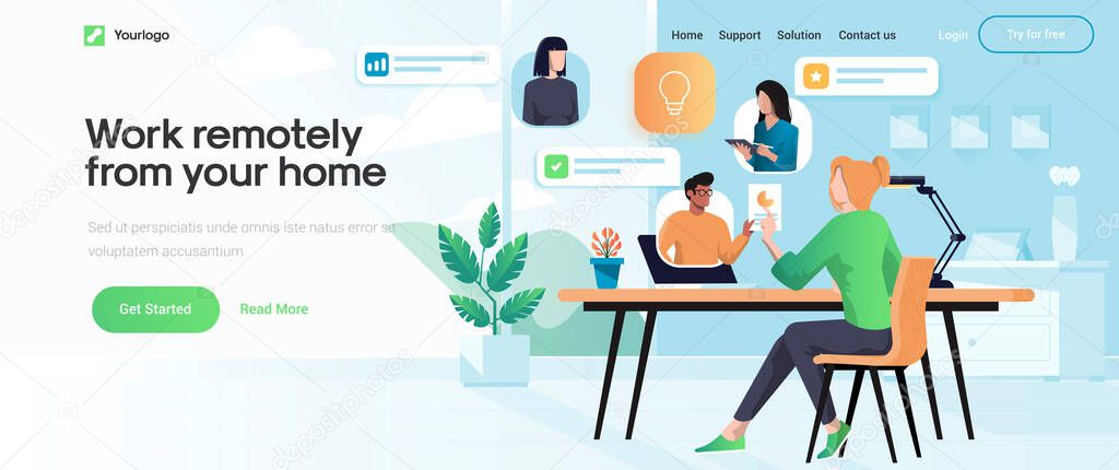 Landing page template of Work Remotely from your home. Young woman disscus with colleagues online in modern workspace. Modern flat design concept of web page design for website and mobile website. Easy to edit and customize. Vector illustration