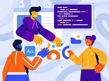 Web sitesi mimarisi soyut konsept çizimi. Web geliştirme, PHP ve MySql, CMS içerik yönetim sistemi, arayüz tasarımı, yazılım testi, uygulama kodlama soyut metaforu. Vektör illüstrasyonu