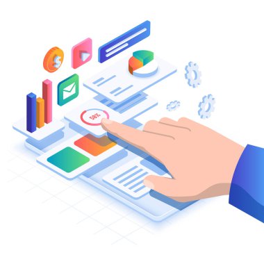 Data Analizi 'nin modern izometrik tasarım çizimi. Çizelge, bar, finace ve insan eliyle yapılan iş konsepti akıllı telefondan uygulamayı çalıştırıyor. Düzenlemek ve kişiselleştirmek kolay. Vektör illüstrasyonu